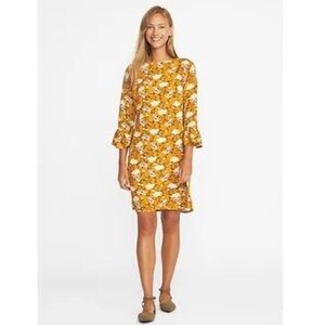 Old Navy Floral Yellow white 3/4 sleeve shift mini rayon Dress Size Small